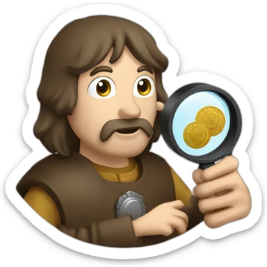 medieval coin collector, looking at a coin with a magnifying lense sticker