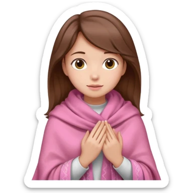 A girl with brown hair, wearing a pink shawl, has beautiful features and her hand rests on the shawl. sticker