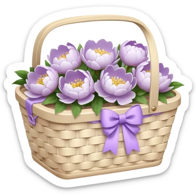 White Picnic basket with lilac bow and white peonies inside sticker