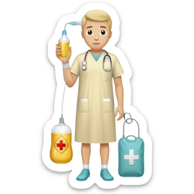 Man, mid 60, with a urine condom and leg bag sticker