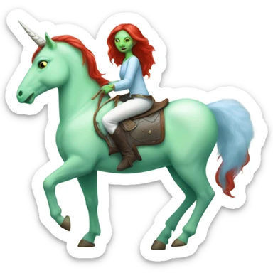 [politically incorrect
	{ woman: alien, color: light green, hair:red, eyes:cat} ]
	on a 
	[{ unicorn: white, legged:four, mane: light blue }] sticker