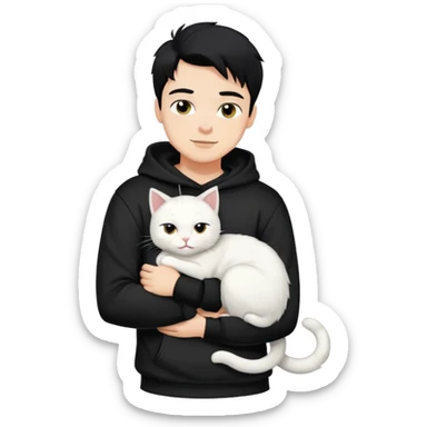 A bad boy with black hair wearing a sweatshirt happily hugs a white cat sticker