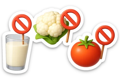 emoji stile iphone di un BICCHIERE DI LATTE CAVOLFIORE E POMODORO CHE FLUTTUANO IN ARIA CON DIVIETI IN MANO, iperrealistico 4k, isolato su sfondo bianco sticker