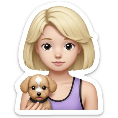 Blonde haired teenager wearing light purple tank topBlack and white and gray poochon dog  sticker