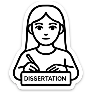 Beautiful girl with brown hair and blue eyes is writing a dissertation sticker