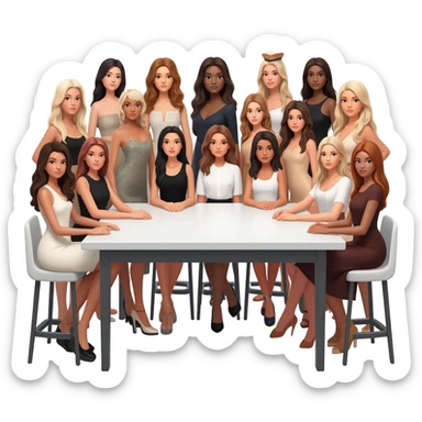 thirty girls models squeezed together at a table sticker