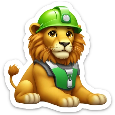 Cute Lion wear safety helmet as call center in green and orange theme  sticker