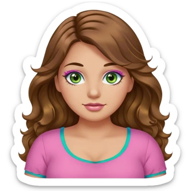 Girl girl long wavy brown hair, green/blue/gold eyes, plus size, pink girly top, eyelashes, tan skin sticker