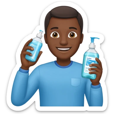 Apple-style emoji of a Black man holding a bottle of mouthwash and smiling sticker