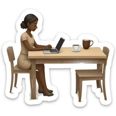 A girl at a table with a laptop. A a cup of coffee on the left side of the table. Books on the right side of the table. in beige tones sticker