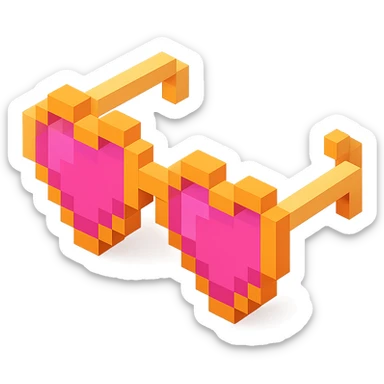 Voxel-style pink glasses with pink lenses, no background, following the silhouette from the reference image, with a different shape. sticker