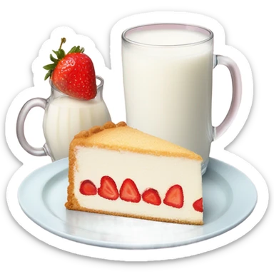 Milk at glass and vanilla strawberry cake at plate sticker