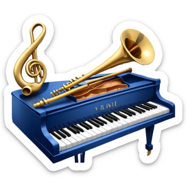 Create an elegant and refined emoji that represents orchestration and arrangement. The design should feature a musical score or sheet music with various orchestral instruments like a violin, a trumpet, and a grand piano subtly integrated into the composition. Add a conductor's baton, symbolizing the guiding hand of orchestration, and flowing musical notes that move between the instruments. Use rich, classic colors like gold, silver, and deep blue to evoke the sophistication of orchestral music. The background should be transparent, with a touch of intricate details to represent the complexity of orchestration. sticker