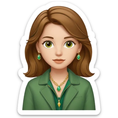 White girl with hazel Brown eyes Brown and slighly wavy medium hair. Make her with a green jacket and gold jewlery.  sticker