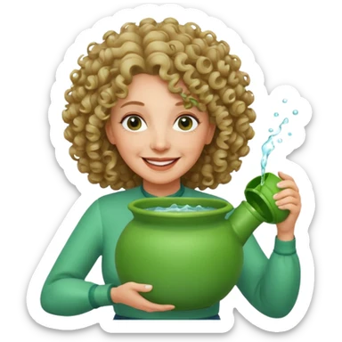 Older female florist – curly hair, holding garden water pot sticker