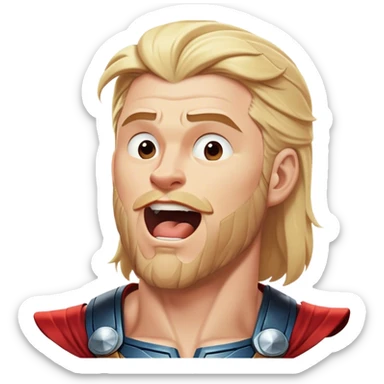 Cinematic Realistic Thor Portrait, head tilted slightly with a dramatic, wide-open yawn, revealing a relaxed yet powerful presence. The natural interplay of light accentuates his muscular contours and tender expression, balancing his legendary might with an unexpectedly human moment of repose. sticker
