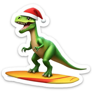 Dinosaur riding a surfboard wearing a Santa hat sticker