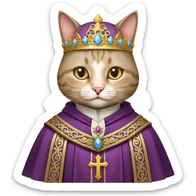 “Half-body humanoid figure with a realistic cat face, wearing ornate bishop robes and a mitre, dark gothic background, dramatic lighting, highly detailed.” sticker