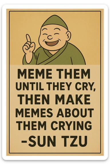 "Meme them until they cry, then make memes about them crying" -Sun Tzu 

as an inspirational poster, minimalism, semiotic signage, graphics for limited visibility signage sticker