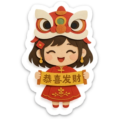 cute chibi girl in red embroidered skirt, gold hair accessories, red envelope hair clip, cartoon lion dance helmet, holding gold '恭喜发财' banner with both hands, smiling, full body, main colors red and gold, strong Chinese New Year vibe, paper-craft style sticker