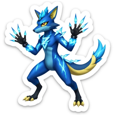 Cobalt-Blue Neon-Electric Bright-Glowing Lightning-Veined Zeraora-Luxray-Lucario-cyber-fusion-creature (full body) sticker