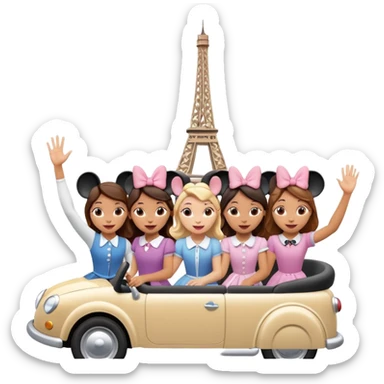 quatro chicas montadas en una atraccion de Disney paris levantando la mano sin el castillo detras sticker