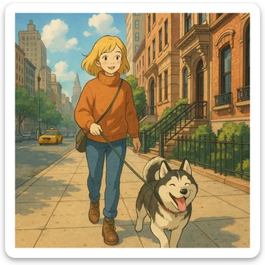 Cute Blonde woman wearing a sweater walking a happy Siberian husky in New York City on an upper east side city sidewalk  sticker