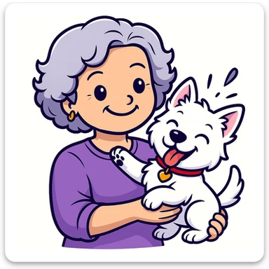 Make the Westie dog playful, with a fun pose or playful expression, keep the 50-year-old lady with silver curly hair smiling (originally sticker style) sticker