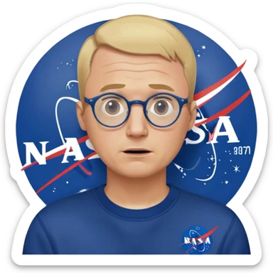 angry fat man, crying like a kid,  blond short and hight receding hairline, wearing a dark blue sweatshirt, nasa logo on the sweatshirt, round glasses without frame, 40 years old sticker