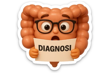 EMOJI STILE IPHONE DI UN INTESTINO CON GLI OCCHIALI CHE LEGGE UN FOGLIO CON LA SCRITTA DIAGNOSI, ESPRESSIONE STUPITA IN VOLTO, IPERREALISTICO 4K sticker