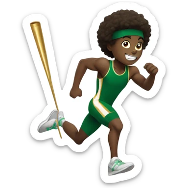 Muscular Afro teenage boy  in green track and field uniform running fast with gold baton in his hand. sticker