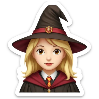 A young woman wearing a classic witch’s hat, red tie, and wizarding robes. This outfit suggests she's a student from Gryffindor House (from the Harry Potter universe), as the red tie is a signature detail of that house's uniform. sticker