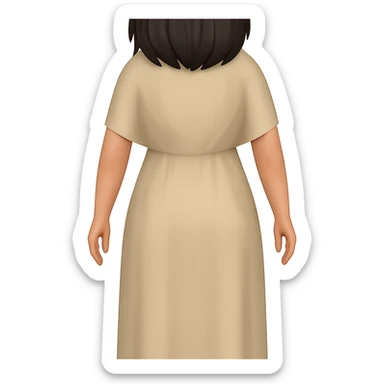 Create a back view, fullbody emoji style character with the same style and proportions as the reference image. The character should wear a plain light tan dress, have dark hair, and a transparent background. sticker