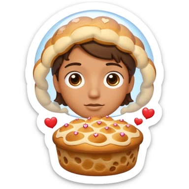 Apple-style emoji illustration of a person with dreamy eyes, and avobe them a thinking bubble with a traditional panettone inside the bubble, small hearts floating around, soft 3D emoji style, smooth gradients, rounded shapes, warm festive colors, simple expression. sticker