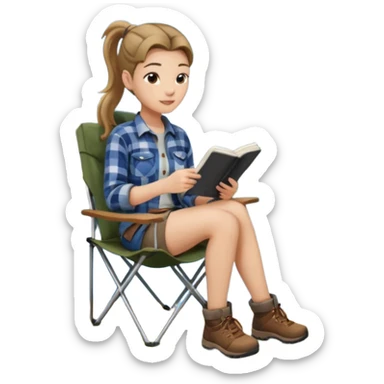 A pony tail hair woman journaling on a camping chair, enjoying the quiet nature scene. sticker