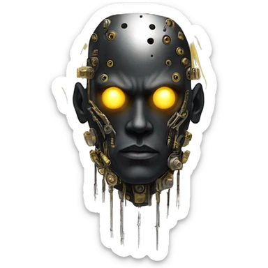 black metal male cyborg head with artificial eyeball, circuitry and wispy yellow gold hair sticker