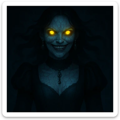 Add ornate gothic jewelry including a black lace choker, silver pendant, and dark gemstone earrings while keeping the horror and supernatural features intact. sticker