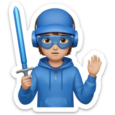 a boy with brown hair, a blue vr headset. a blue hoodie and a blue sword sticker