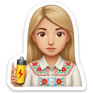 A Ukrainian girl in an embroidered shirt holds a battery sticker