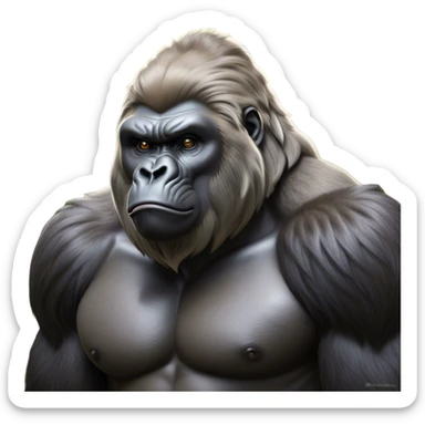 Cinematic Noble Silverback Gorilla Portrait Emoji, Poised and majestic, with a powerful, muscular frame accentuated by a distinguished silver mane and piercing, wise eyes, Simplified yet sharp and sophisticated features, highly detailed, glowing with a soft, regal jungle glow, high shine, intelligent and commanding, stylized with an air of imperial strength, focused and resolute, soft glowing outline, capturing the essence of a watchful guardian that feels as though it could step out of the screen with effortless authority! sticker