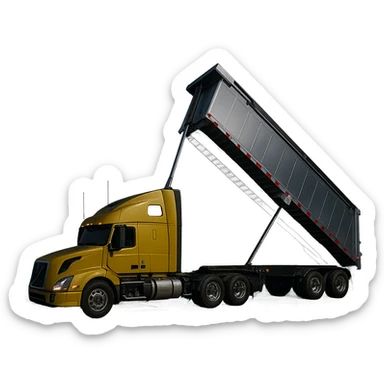 photorealistic Volvo yellow semi sleeper truck with a long silver end dump trailer, trailer raised in dumping position, side view, night setting, sharp details, no background sticker