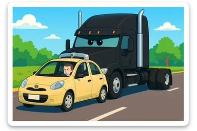 Remove the word 'move' from the car. Keep the scene bright and vibrant, featuring a black semi truck without a trailer and a person inside the car. Maintain the overall vibrant and bright atmosphere. sticker