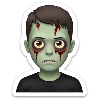 zombie white boy with dark brown edgar haircut and brown eyes (his skin is clear and white but with zombie scars) in black tee  sticker