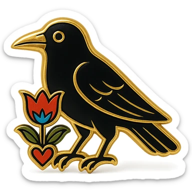 black crow in simple Scandinavian folk art style with a gold outline around the crow, holding a bright folk-colored tulip flower motif in its talons, motif outlined in black, motif matches the style and colors of a heart reference, simple, bold, and clear overall design, matching the heart's illustrative style sticker