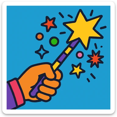 a magic wand and a hand, vibrant cartoon style sticker