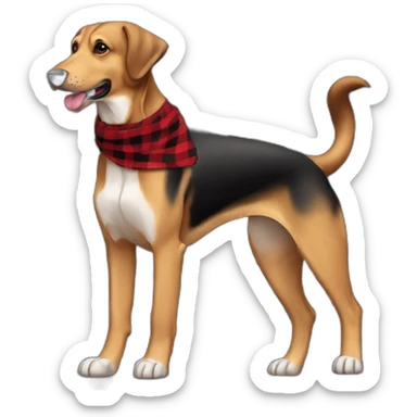 adult 75% Coonhound 25% German Shepherd mix dog with visible tail wearing small pointed red buffalo plaid bandana full body walking left quickly sticker