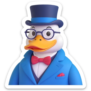 Dagobert Duck (Scrooge McDuck) emoji, with top hat, pince-nez glasses, blue coat, mischievous wealthy expression sticker