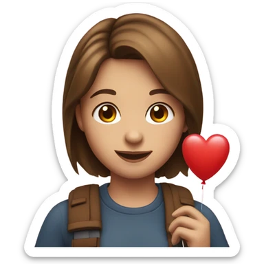 smiling girl with brown hair with heart balloon sticker