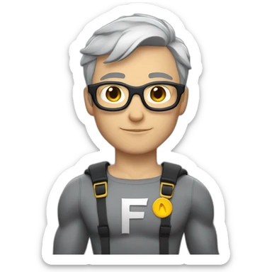 Caucasian Superhero upper body grey short hair and glasses with an "F" in the chest sticker