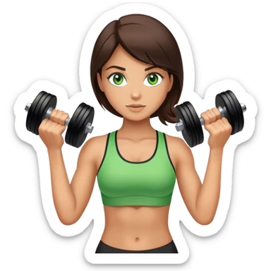 brunette girl with green eyes doing sports with dumbbells sticker